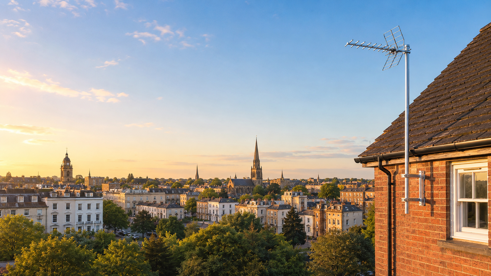TV aerial above Royal Leamington Spa rooftops at sunset