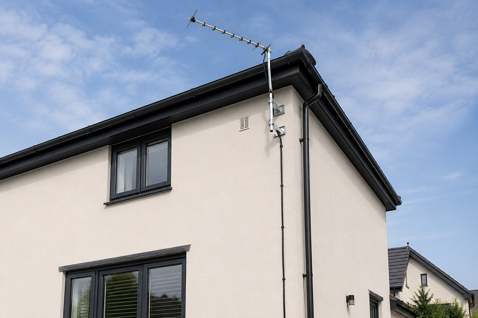 Modern home with rooftop TV aerial in the Leamington area