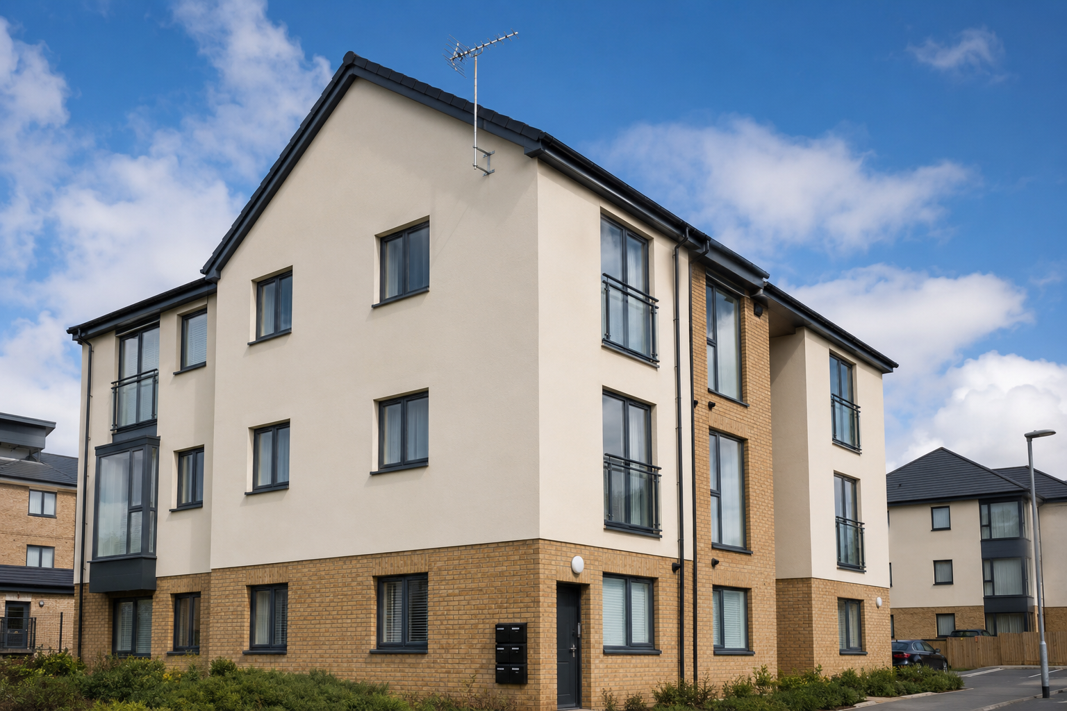 New build apartments with rooftop TV aerial in Warwickshire